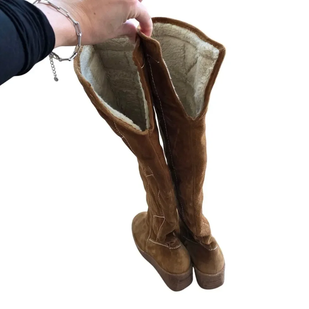 Michael Kors Crosby Camel Brown Suede Leather Knee High Wedge Boot sz 8 Winter